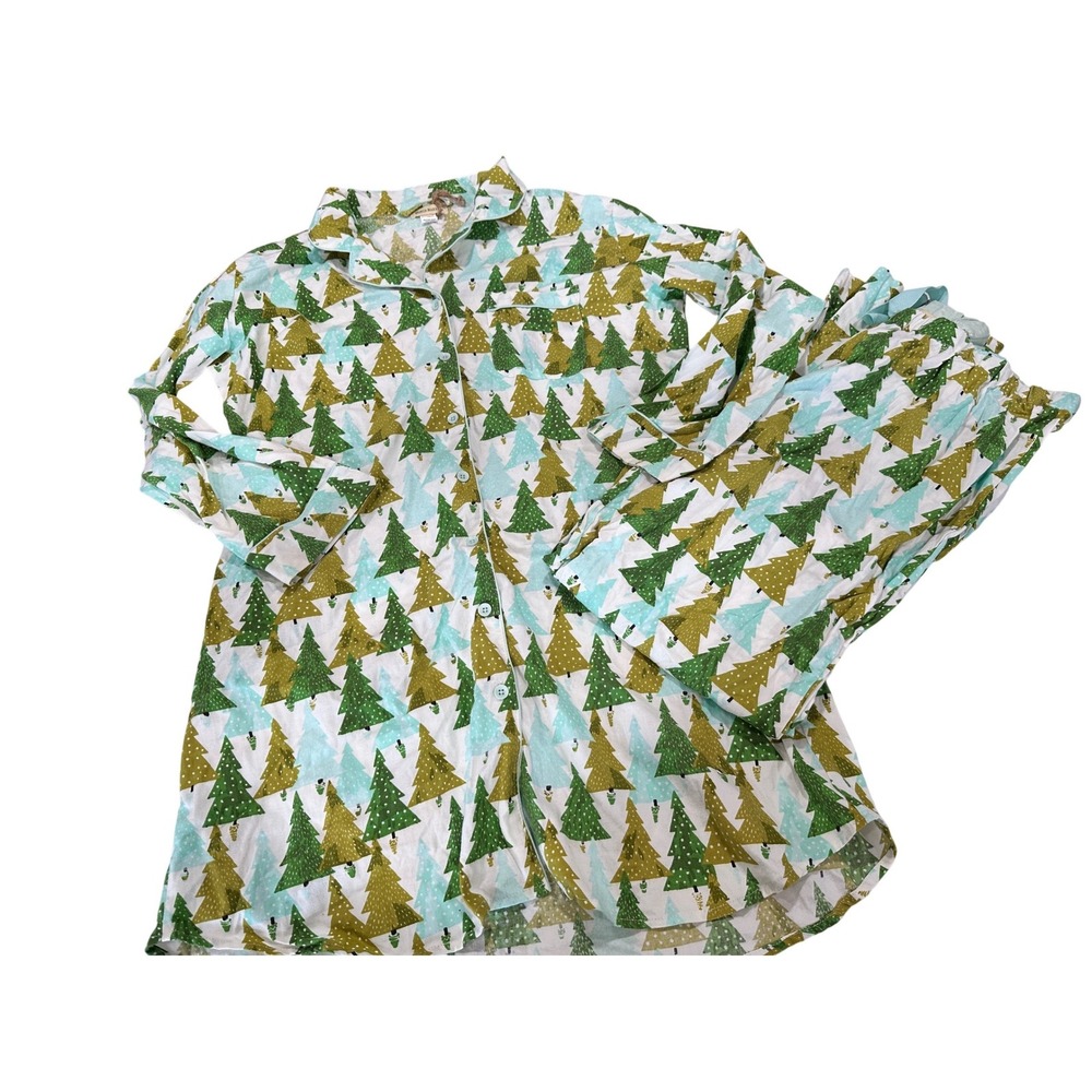 World Market Christmas Tree Pajamas Set Women's L XL 100% Cotton‎